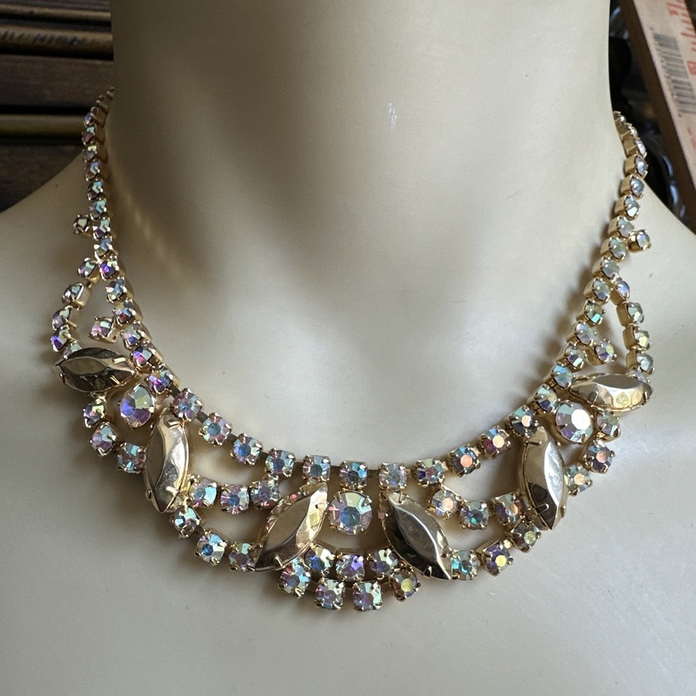 VTG 1950s Bib Choker Necklace‎ 14 Inch Aurora Borealis Rhinestones Sparkly Gold
